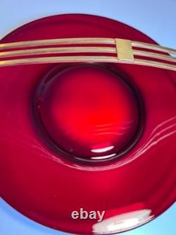 Atomic Ruby Red Glass Serving Tray Brass MCM Space Age Centerpiece Googie Jetson
