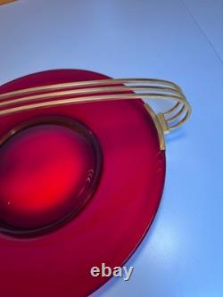 Atomic Ruby Red Glass Serving Tray Brass MCM Space Age Centerpiece Googie Jetson