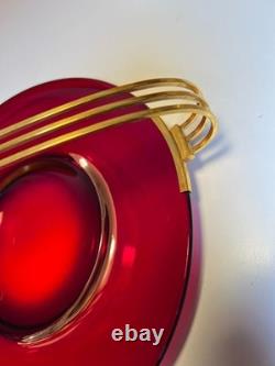 Atomic Ruby Red Glass Serving Tray Brass MCM Space Age Centerpiece Googie Jetson