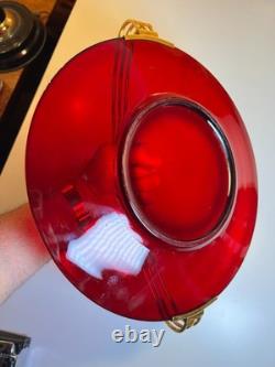 Atomic Ruby Red Glass Serving Tray Brass MCM Space Age Centerpiece Googie Jetson