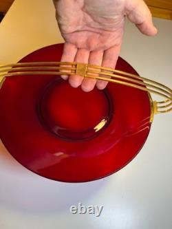 Atomic Ruby Red Glass Serving Tray Brass MCM Space Age Centerpiece Googie Jetson