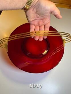Atomic Ruby Red Glass Serving Tray Brass MCM Space Age Centerpiece Googie Jetson