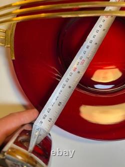 Atomic Ruby Red Glass Serving Tray Brass MCM Space Age Centerpiece Googie Jetson