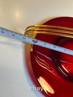 Atomic Ruby Red Glass Serving Tray Brass MCM Space Age Centerpiece Googie Jetson