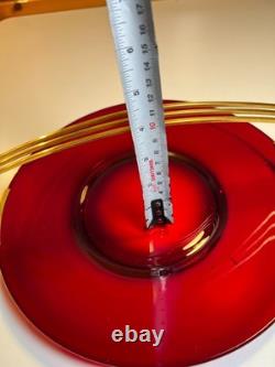 Atomic Ruby Red Glass Serving Tray Brass MCM Space Age Centerpiece Googie Jetson