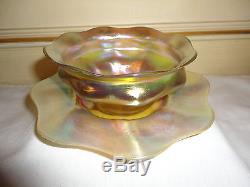 Auth Rare Lct Tiffany Favrile Iridescent Gold Finger Bowl&orig Underplate Excell