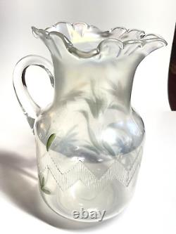 Awesome White Fenton Carnival Glass Enameled Shasta Daisy Water Pitcher