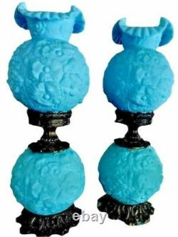BEAUTIFUL 2 FENTON POPPY BLUE SATIN GLASS GONE WITH THE WIND LAMPS 24 Tall