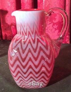 Beautiful Antique White & Red Opalescent Art Glass 8 Water Pitcher