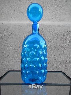 BLENKO Blue Bubble Glass Decanter 15.5 Ball Stopper Etched Label Design #6040