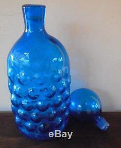 BLENKO Blue Bubble Glass Decanter 15.5 Ball Stopper Etched Label Design #6040