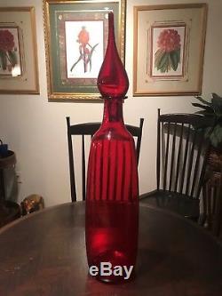 BLENKO Large Red Decanter with Red Flame Stopper 37 1/2 tall