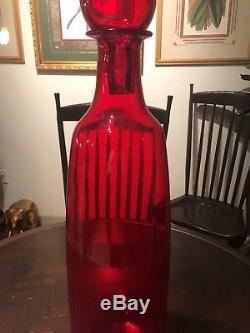BLENKO Large Red Decanter with Red Flame Stopper 37 1/2 tall