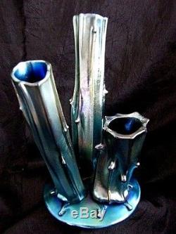 Brilliant Original Steuben Art Glass Blue Aurene 3 Prong Stump Vase Deep Colors