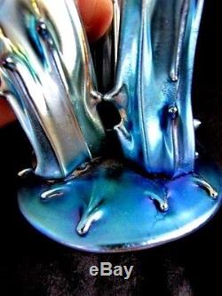 Brilliant Original Steuben Art Glass Blue Aurene 3 Prong Stump Vase Deep Colors