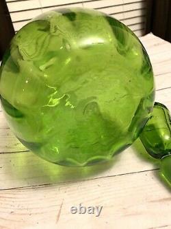 Beautiful 1964 Rare Joel Meyers Lg Hand Blown Green Glass Blenko Decanter #6416
