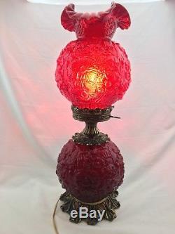Beautiful Fenton Art Glass Ruby Red Raised Poppy Gone With The Wind Gwtw Lamp 24