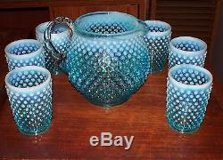Beautiful Fenton Blue Opalescent Hobnail Juice Pitcher with 6 Tumblers
