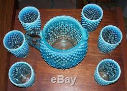 Beautiful Fenton Blue Opalescent Hobnail Juice Pitcher with 6 Tumblers