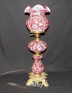 Beautiful Fenton Cranberry Opalescent Daisy and Fern Lamp