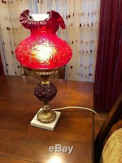 Beautiful Fenton Cranberry Red Poppy Carnival Glass Student, Table Lamp
