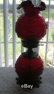 Beautiful Fenton Ruby Red Cabbage Rose GWTW Three Way Lamp