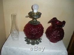 Beautiful Fenton Ruby Red Cabbage Rose GWTW Three Way Lamp