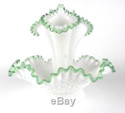 Beautiful Large Fenton Crimped Emerald Crest Hobnail Diamond Lace 3 Horn Epergne