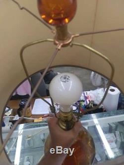 Beautiful MCM Amber Blenko Glass Lamp With Original Shade, Harp And Finial