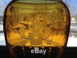 Beautiful Pairpoint Glass Citrine Engraved Floral Vase 11 5/8
