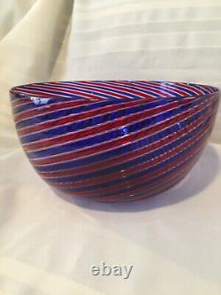 Beautiful Vintage Vendini of Murano Stripped Blue/Red Bowl Signed 1986