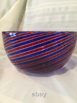 Beautiful Vintage Vendini of Murano Stripped Blue/Red Bowl Signed 1986