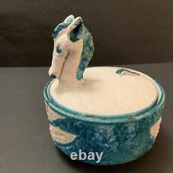Bitossi Style Italian Pottery Horse Covered Bowl Handmade, Painted 1960 Vintage