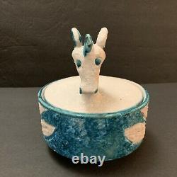 Bitossi Style Italian Pottery Horse Covered Bowl Handmade, Painted 1960 Vintage