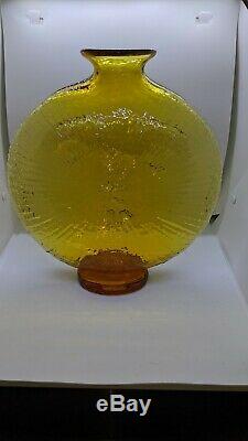 Blenko #9525 Wayne Husted Design Topaz Sun Face Vase 1995-1999 Yellow