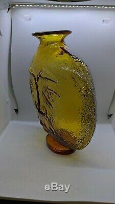 Blenko #9525 Wayne Husted Design Topaz Sun Face Vase 1995-1999 Yellow