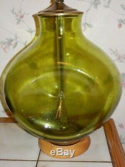 Blenko American Art Glass Large Chartreuse Seeded Glass Lamp 27 Wood Base