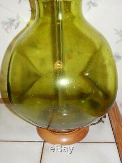 Blenko American Art Glass Large Chartreuse Seeded Glass Lamp 27 Wood Base