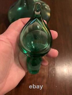 Blenko Blue Green Decanter Genie Bottle Hand Blown + Teardrop Stopper 16