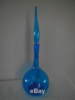 Blenko Glass Decanter Tall Flame Stopper Blue Mid Century American Art Glass