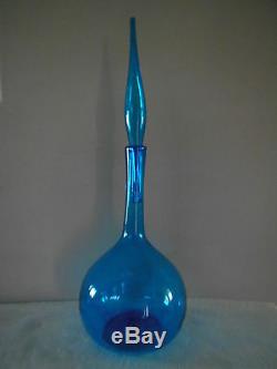 Blenko Glass Decanter Tall Flame Stopper Blue Mid Century American Art Glass