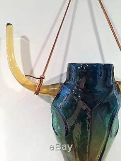 Blenko Glass Desert Green Steer Head Hanging Wall Pocket by Trey Gott