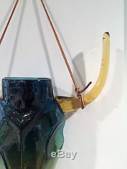 Blenko Glass Desert Green Steer Head Hanging Wall Pocket by Trey Gott