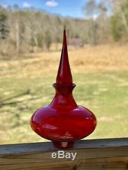 Blenko Glass Ellipse Wide Decanter Ruby Red With Flame Stopper 7219