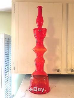 Blenko Handblown Glass 1516 Chess Piece Decanter, Signed, in Rare Coral Orange