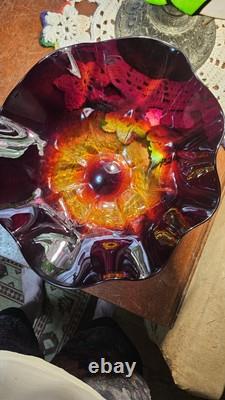 Blenko Large Very Rare Ruffled Edge Amberina Glass Bowl. Hand Made, Hand Signed