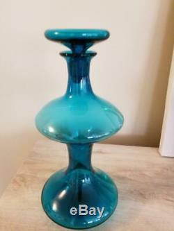 Blenko Mushroom Decanter Blue #563 Mid Century Wayne Husted Handblown Glass Blue