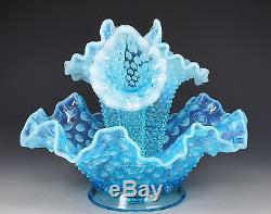 Blue Opalescent Fenton Glass Hobnail Epergne With Three Horns A