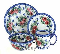 Blue Rose Polish Pottery Cherry Red Bouquet 16 Piece Dinnerware Set