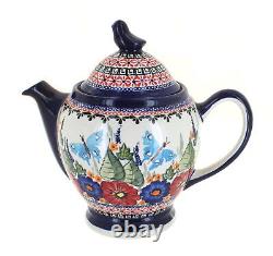 Blue Rose Polish Pottery Floral Butterfly Coffee Pot